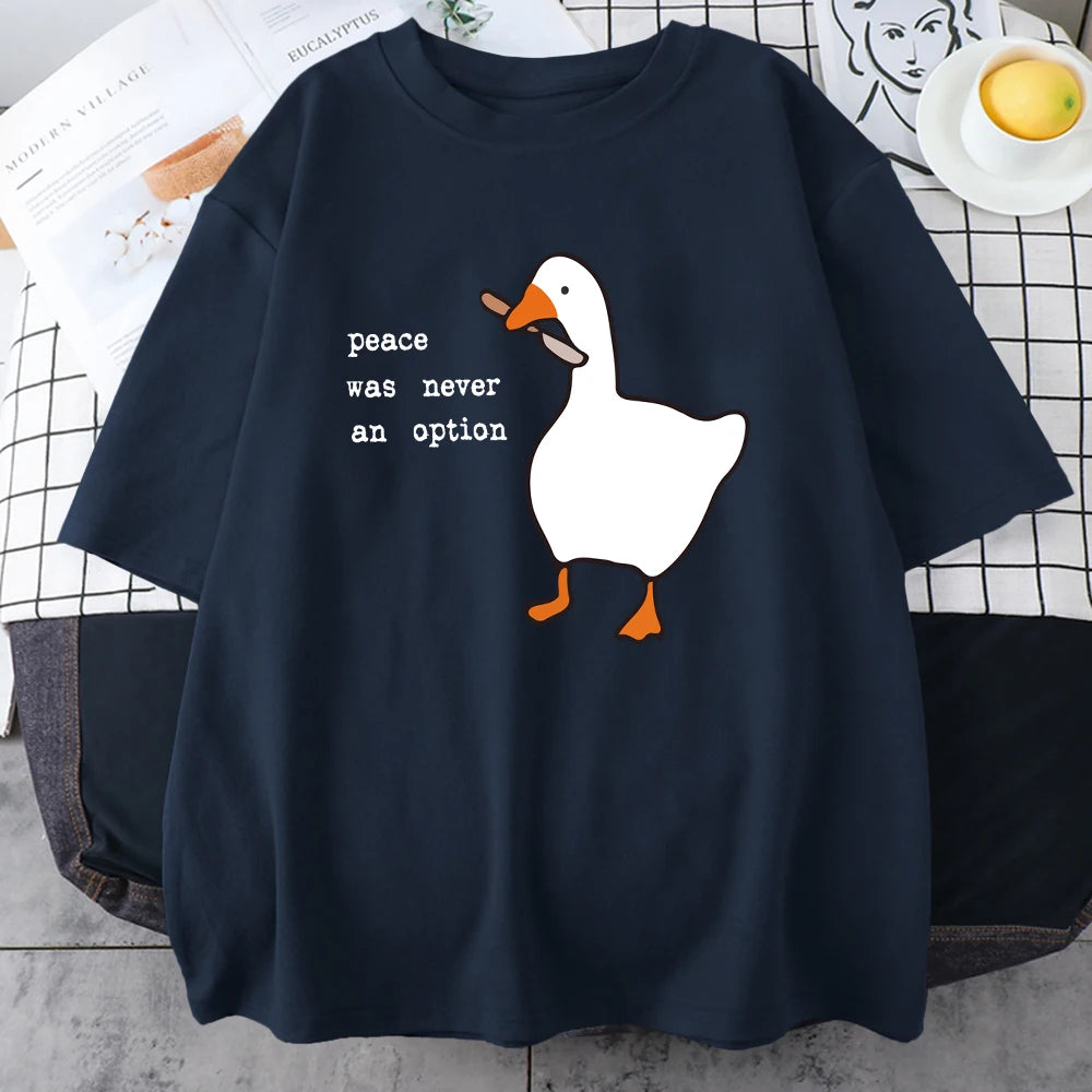 Dark blue cotton tee with the white goose and slogan print