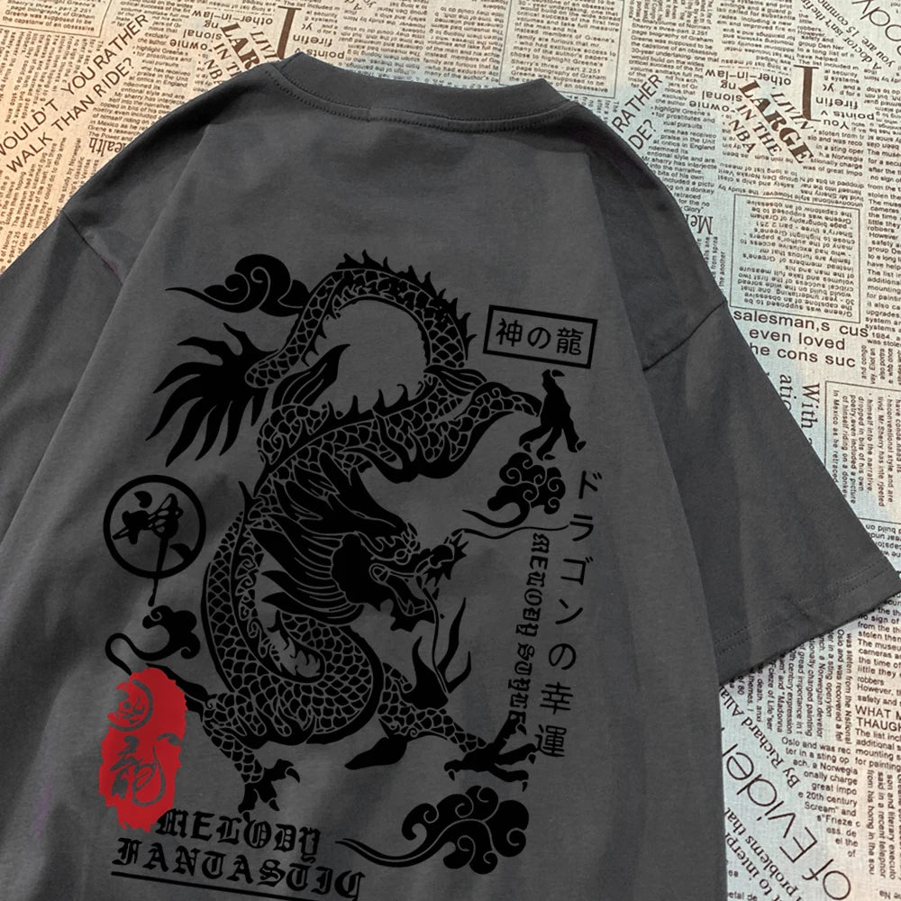 Dark grey cotton tee with a large black dragon printed across the back