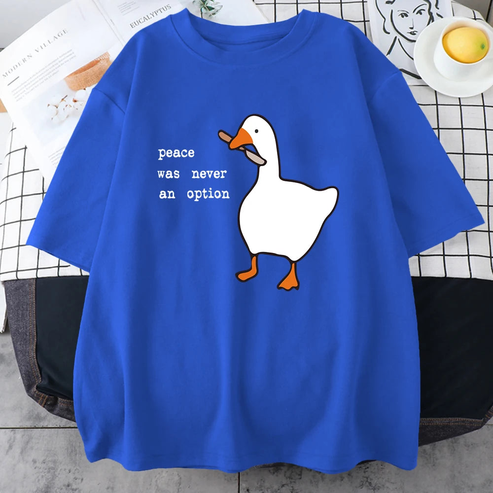 Blue cotton tee with the white goose and slogan print