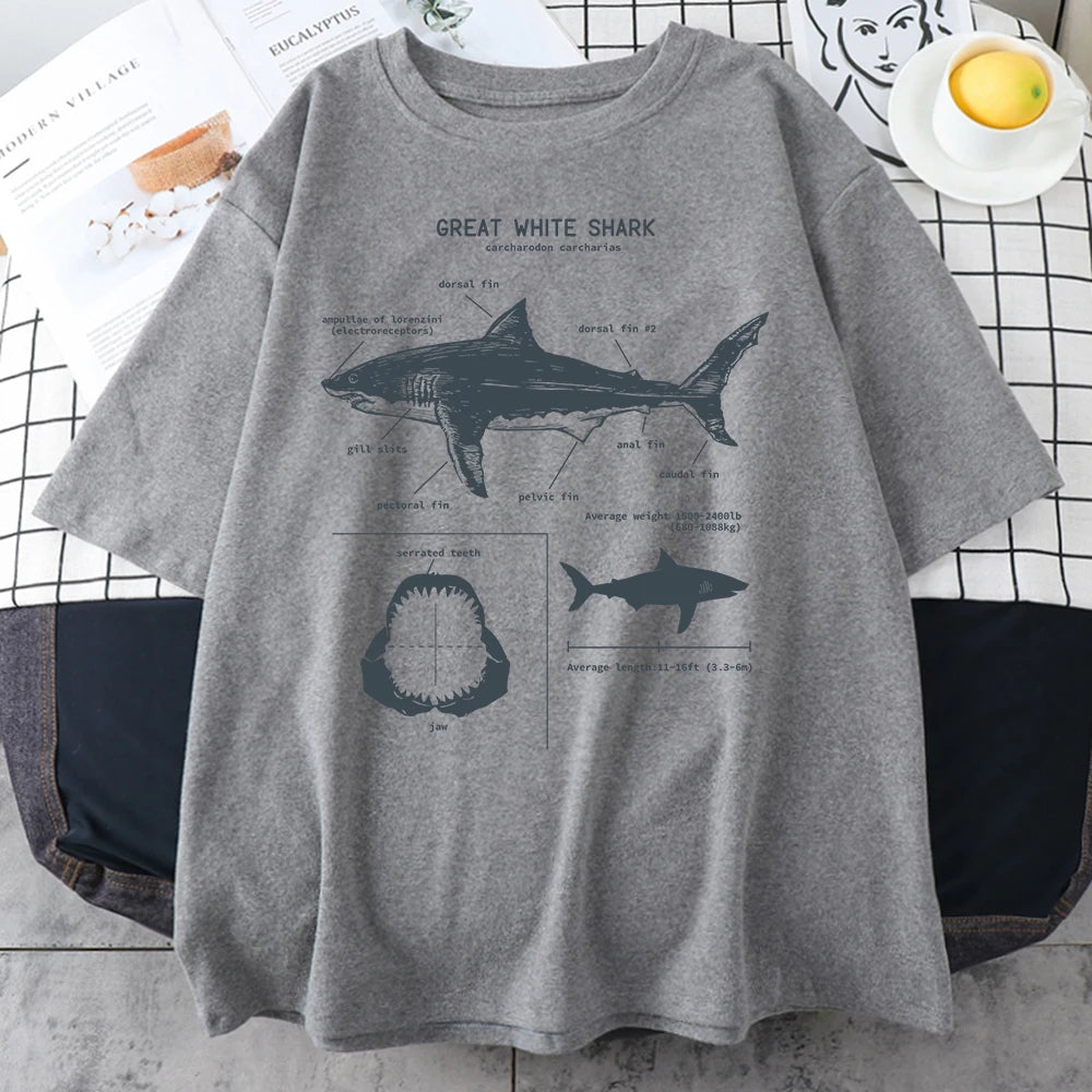 Great white shark anatomy diagram printed on a gray t-shirt
