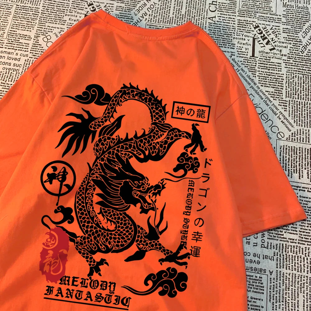 Orange cotton tee with a large black dragon printed across the back