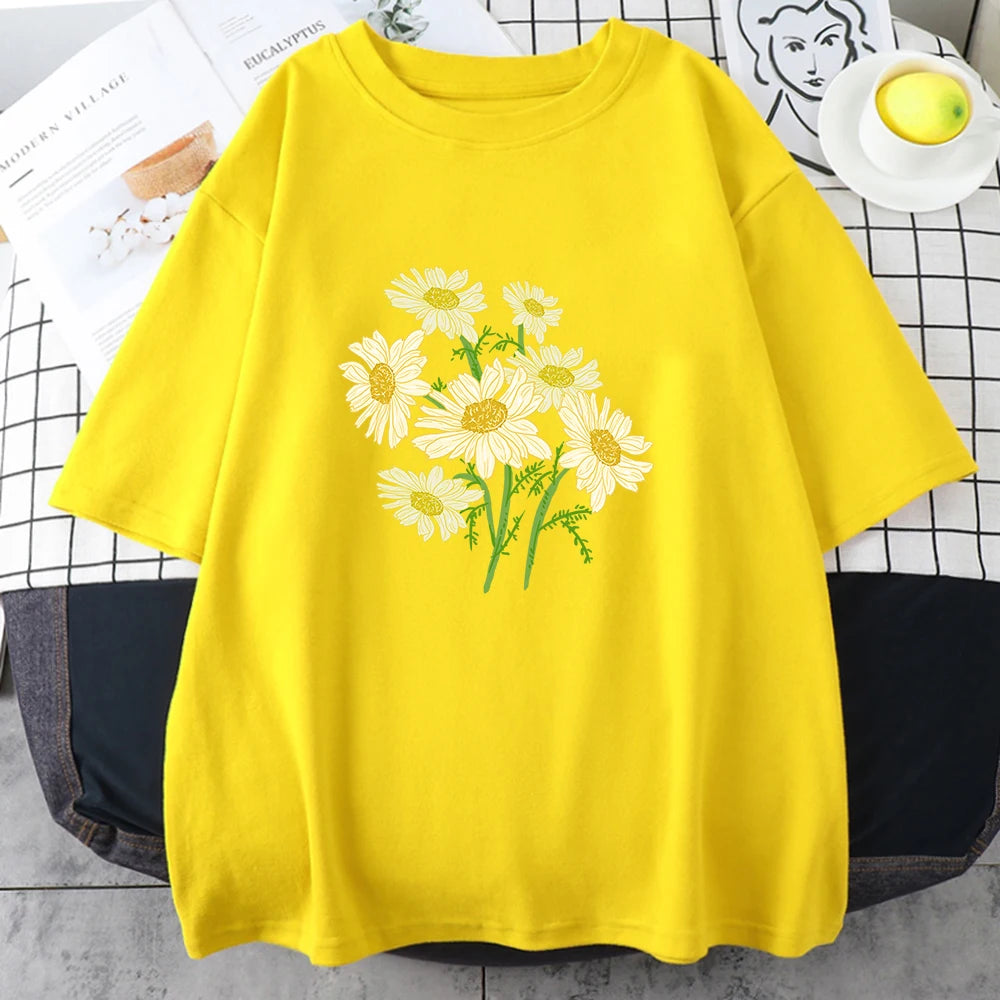 Yellow short-sleeve cotton t-shirt printed with a bouquet of yellow and cream daisy-like chrysanthemums