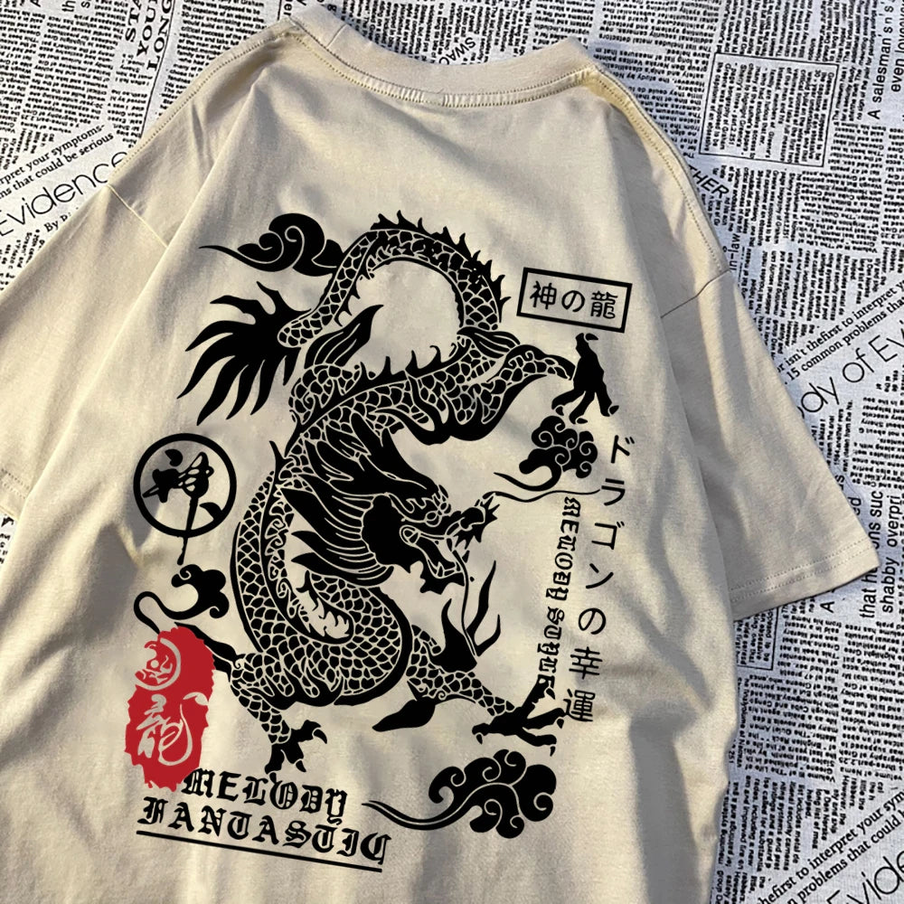 Khaki cotton tee with a large black dragon printed across the back