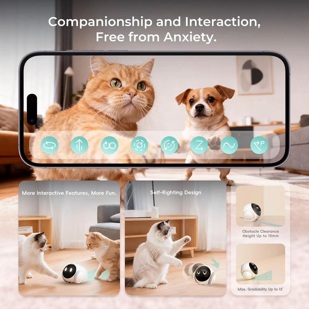 Computer-generated panel showing the robot driving on a floor near cats, with the maker figures for obstacle clearance and climbing angle