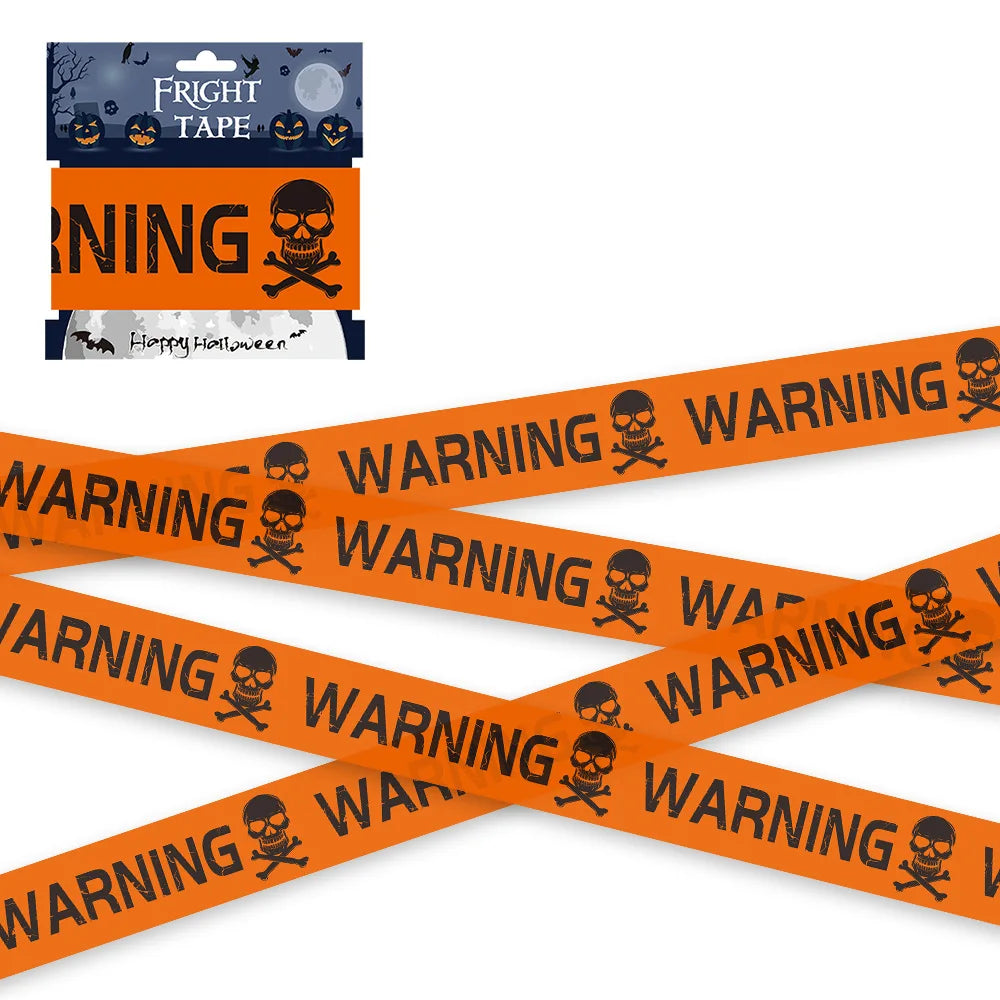 Orange barrier tape printed with warning and skull symbols