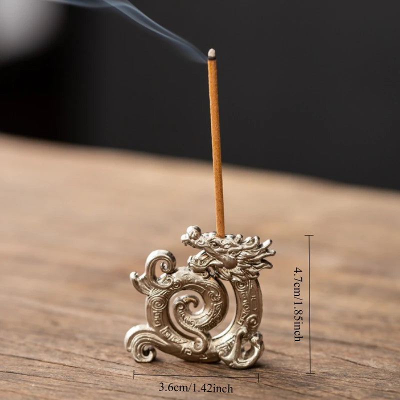 Silver Dragon Head metal stick incense holder, maker size graphic shown