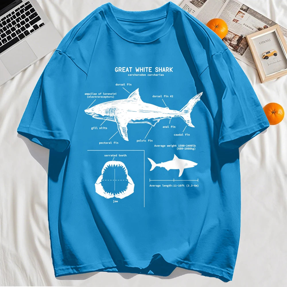 Great white shark anatomy diagram printed on a light blue t-shirt