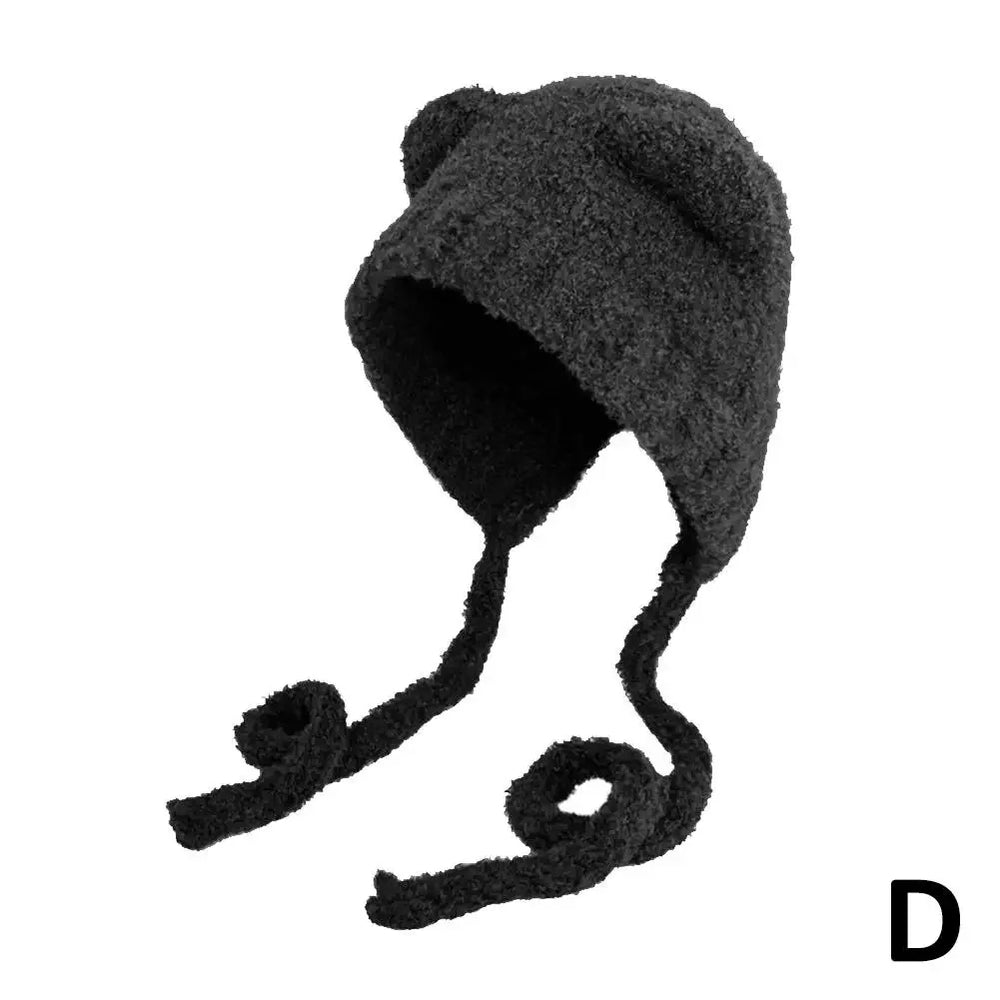Black bear ear beanie with long twisted tie flaps
