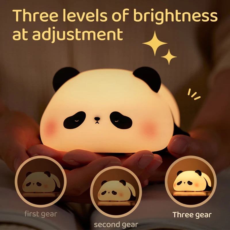 Maker graphic showing the panda light held in two hands with three thumbnails below labelled first, second and third brightness setting