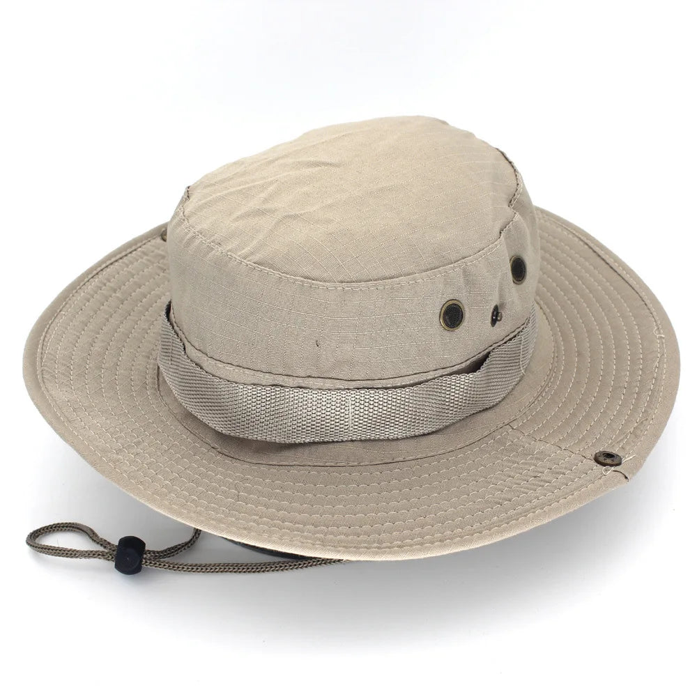 Light khaki boonie hat with a wide brim and chin cord