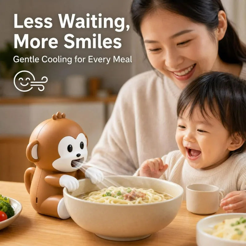 The monkey fan blowing across a bowl of noodles on a family table; the words Less Waiting More Smiles were added by the maker and are not ours