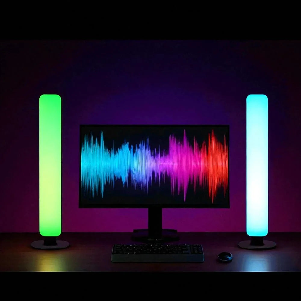 A pair of light bars either side of a monitor, one green and one cyan, washing the wall behind a desk