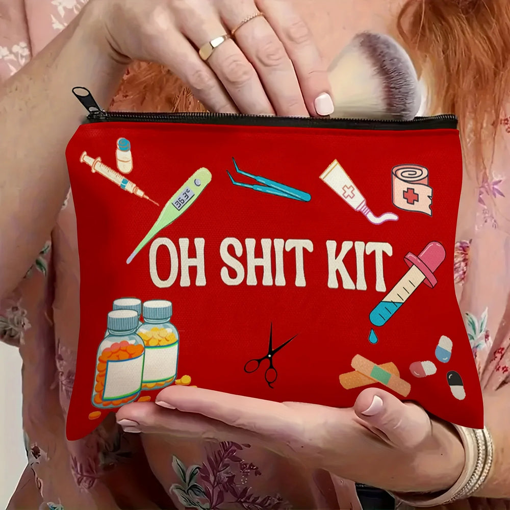 A makeup brush being lifted out of the open pouch