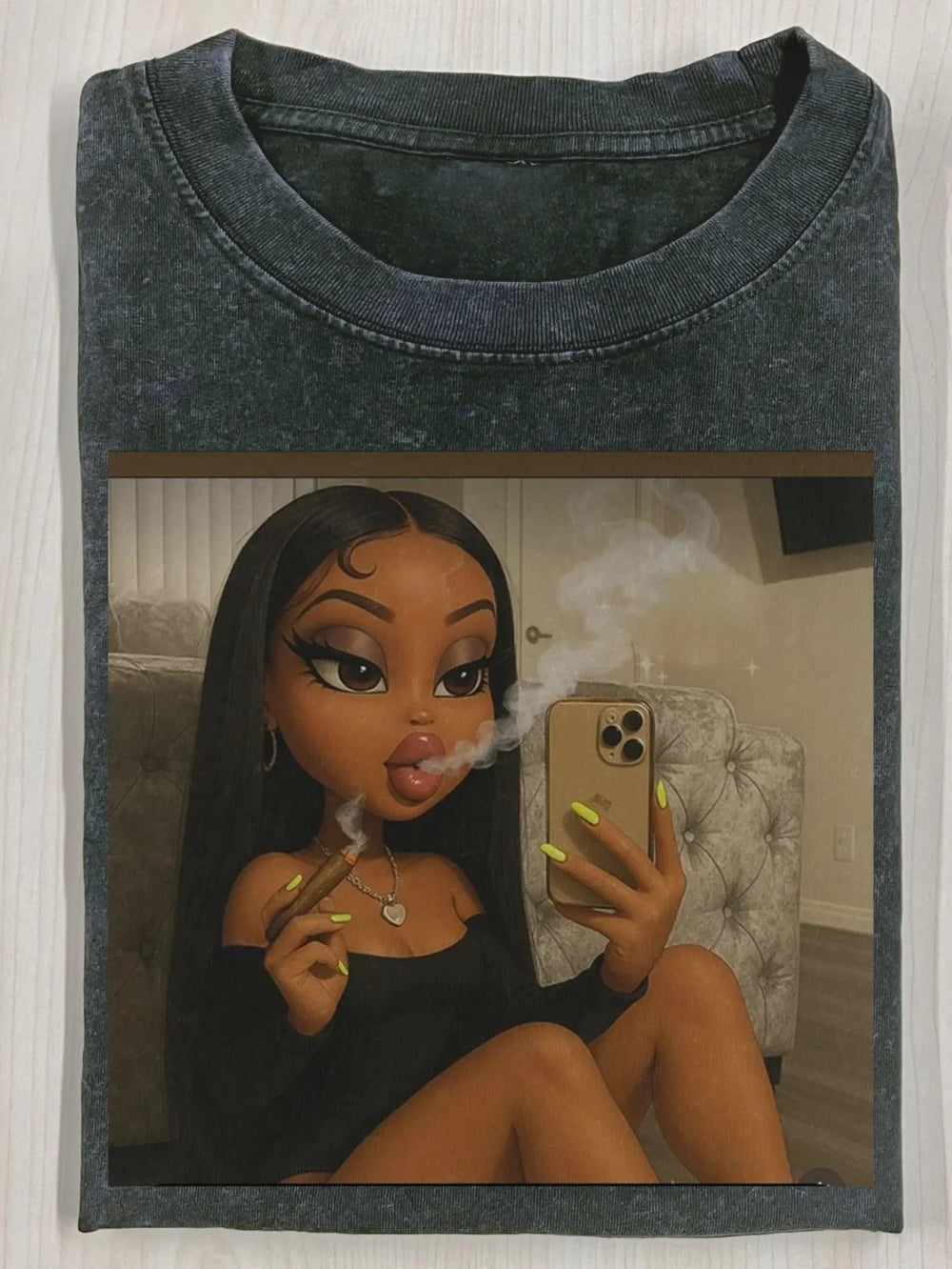 Washed charcoal tee printed with a painted doll-styled figure taking a mirror selfie while smoking a lit cigar