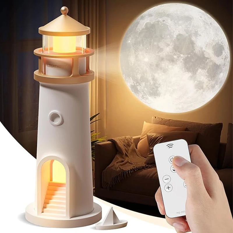Composite marketing image of the lighthouse cut out over a dim living room, with a large moon on the wall and a hand holding the slim white remote