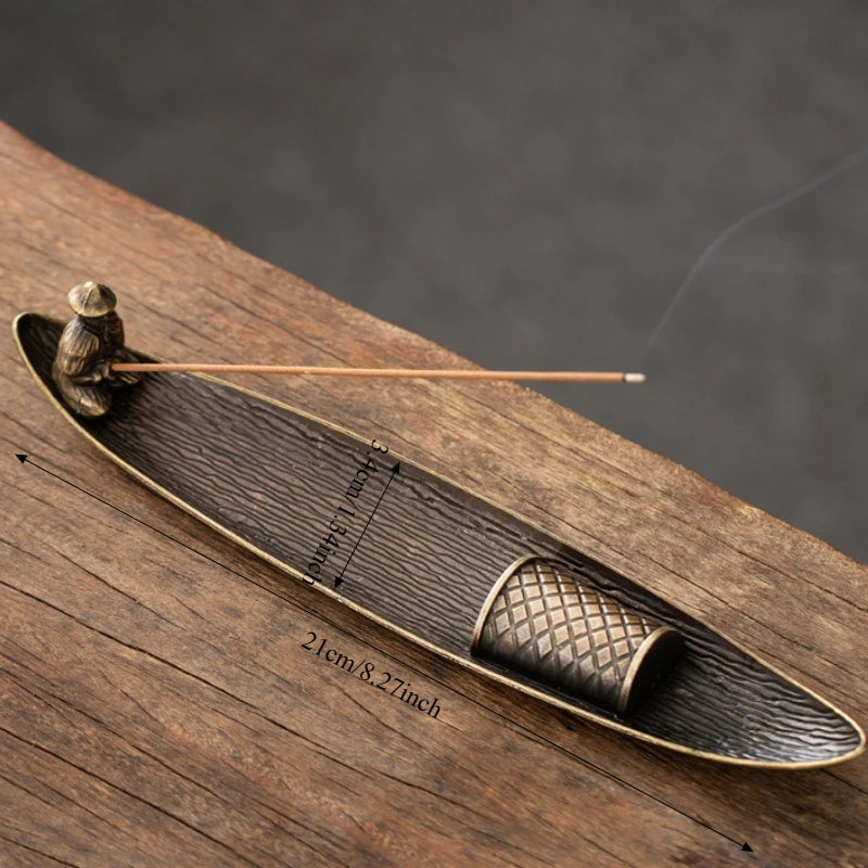 Fisherman Canoe Dark metal stick incense holder, maker size graphic shown