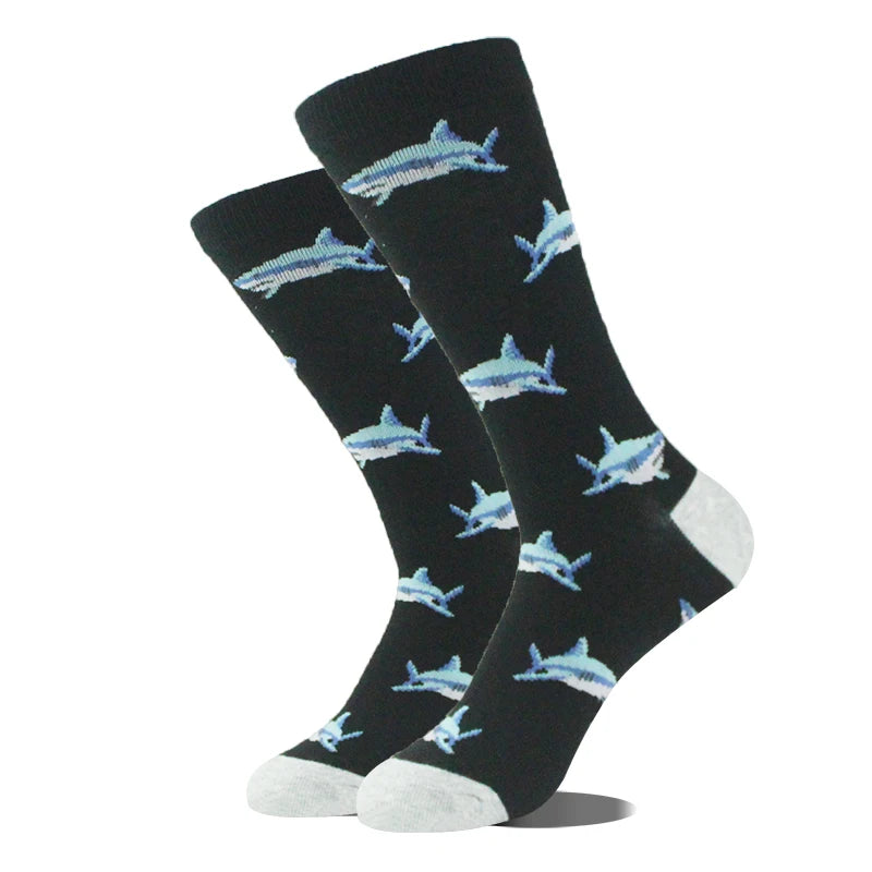 Funny novelty crew socks, small sharks black design