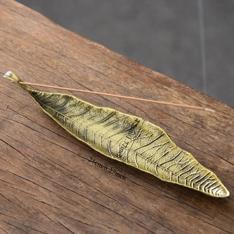 Brass Leaf Long metal stick incense holder, maker size graphic shown
