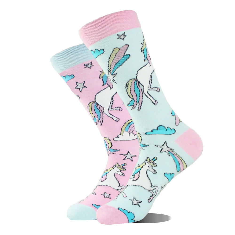 Funny novelty crew socks, pastel unicorns design