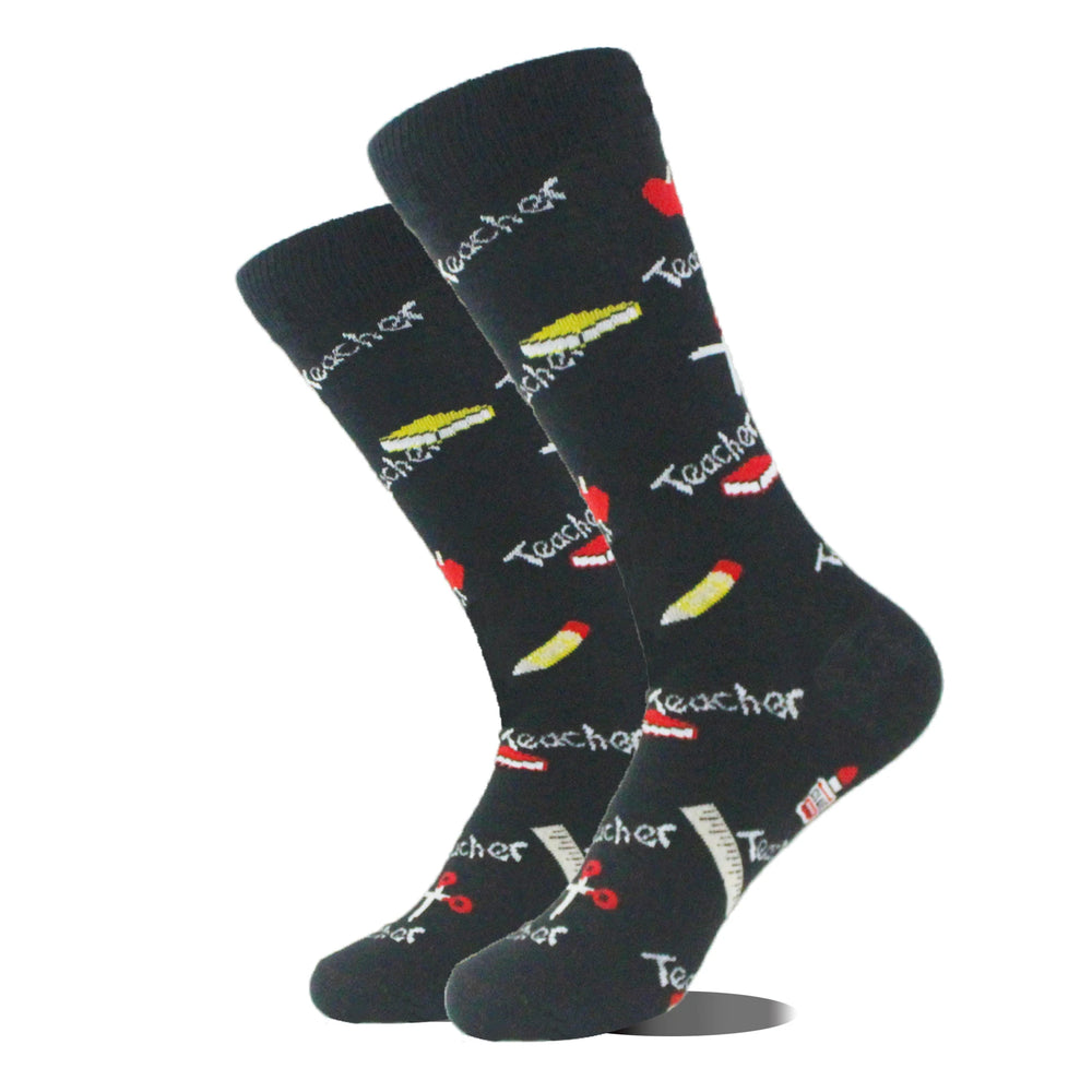 Funny novelty crew socks, teacher print design