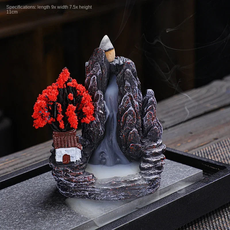 Red tree and white cottage incense burner, 11 cm tall
