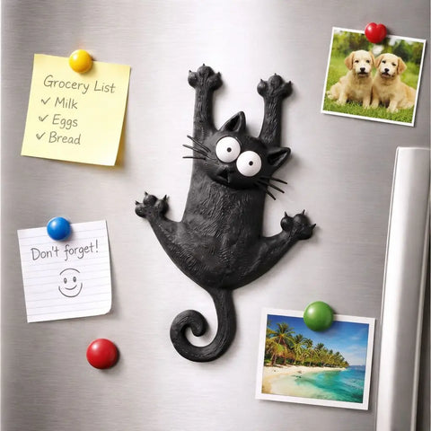 Black cat magnet splayed on a fridge door beside notes and photos