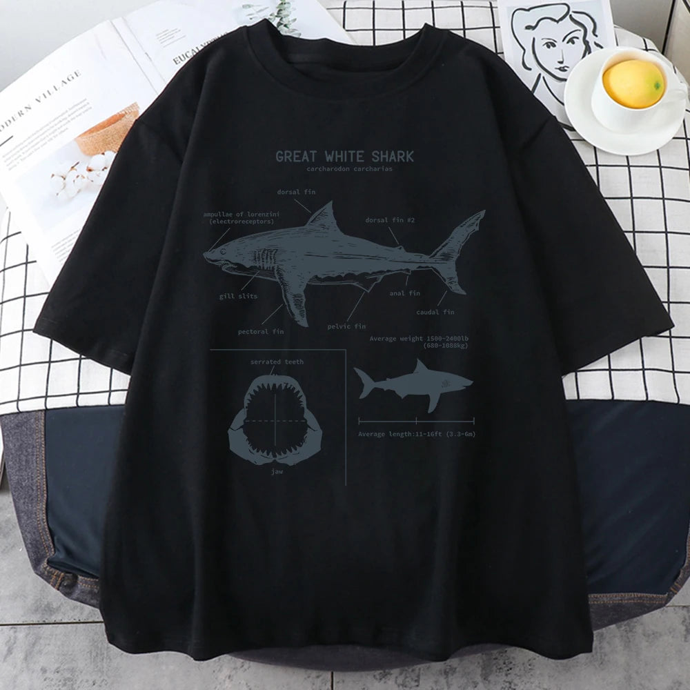 Great white shark anatomy diagram printed on a black t-shirt