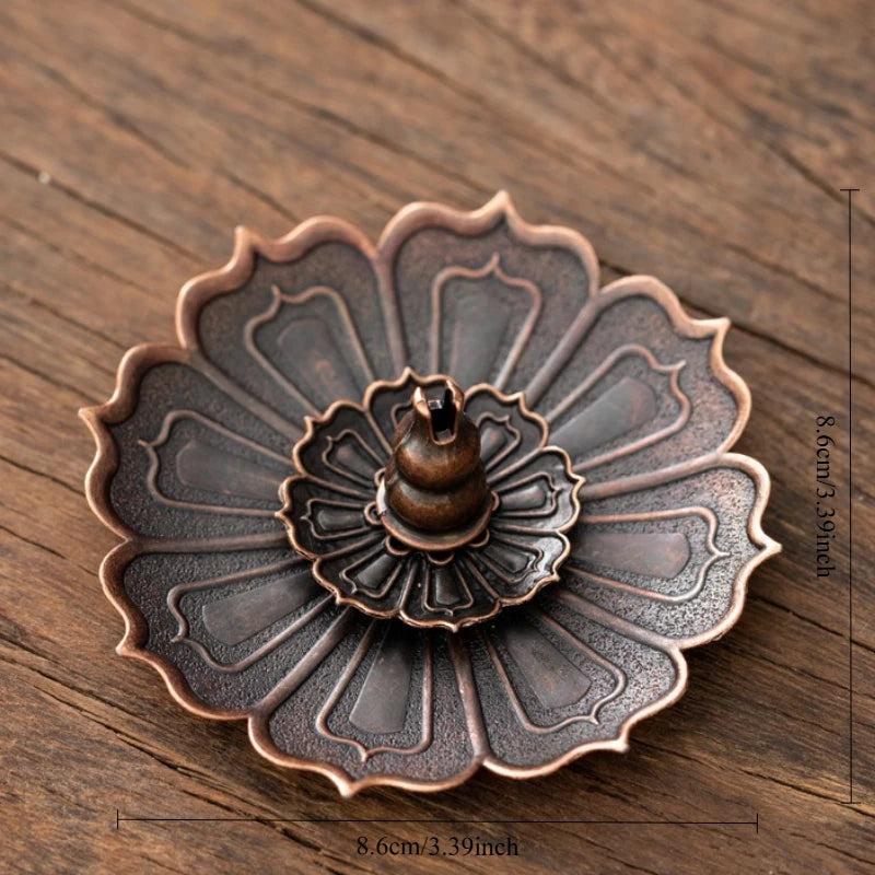 Copper Lotus Dish With Gourd metal stick incense holder, maker size graphic shown