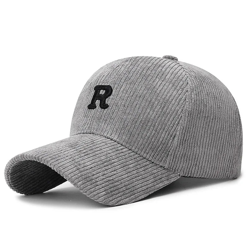 Grey corduroy baseball cap with a black 3D embroidered letter R
