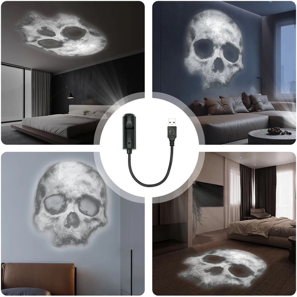 The skull pattern projected on walls and ceilings in four rooms