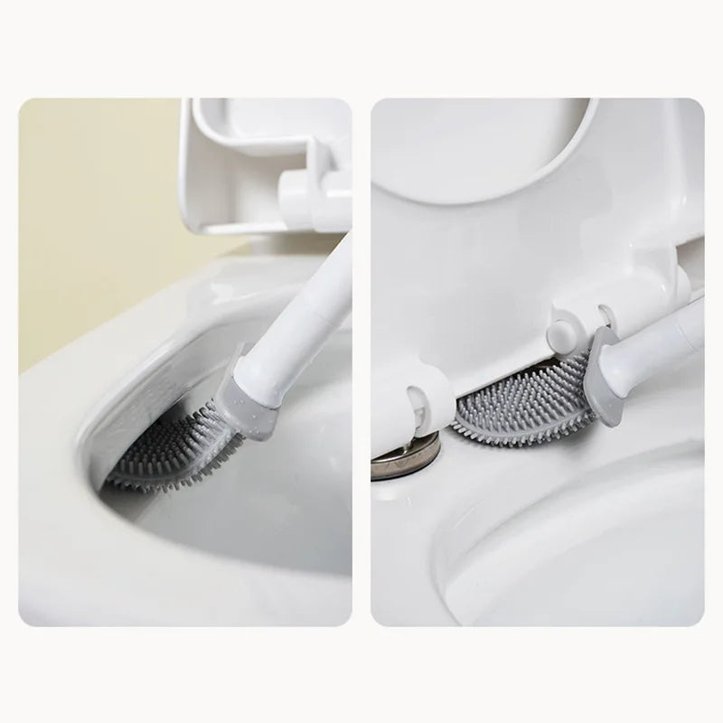 Flat silicone toilet brush cleaning under the rim of a toilet bowl