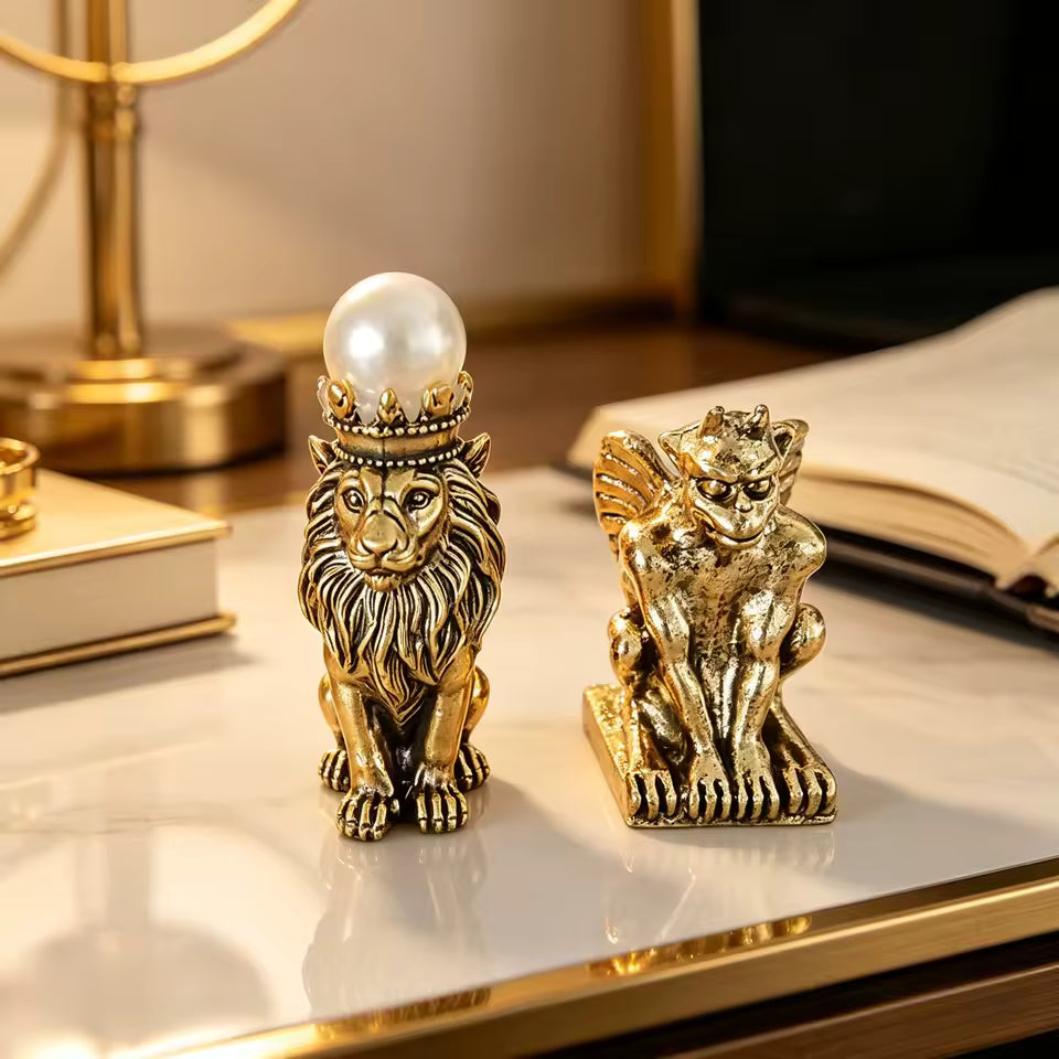 Crowned Lion Gargoyle Pair