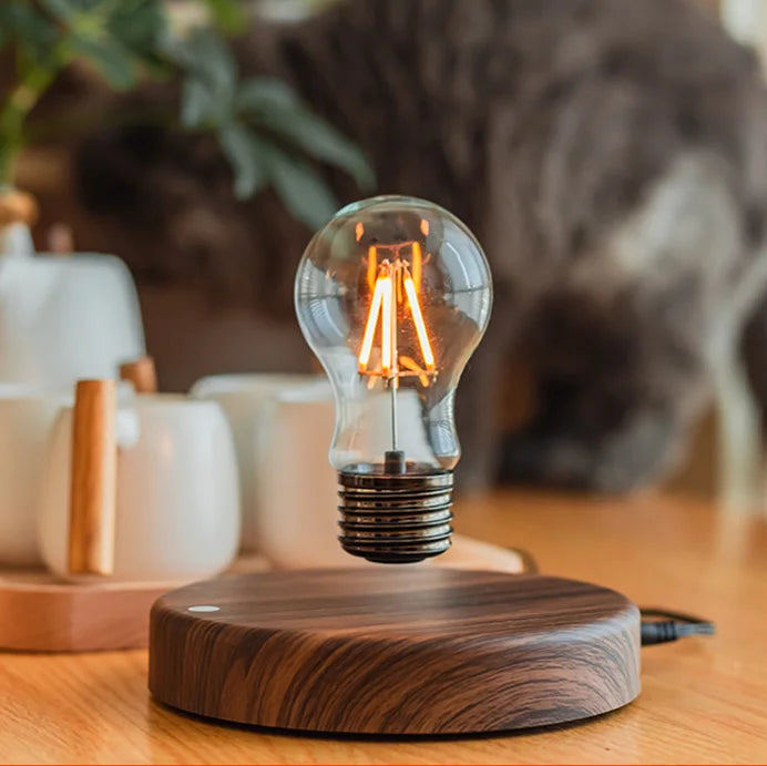 Round wood-grain base with the bulb floating above it on a desk