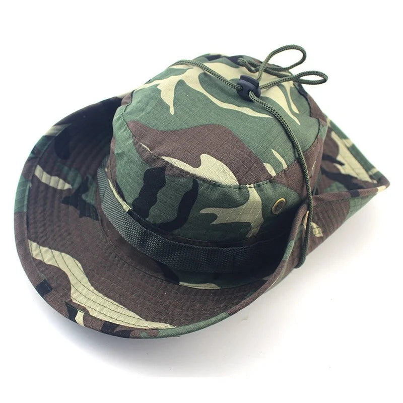 Woodland camouflage boonie hat with the brim turned down