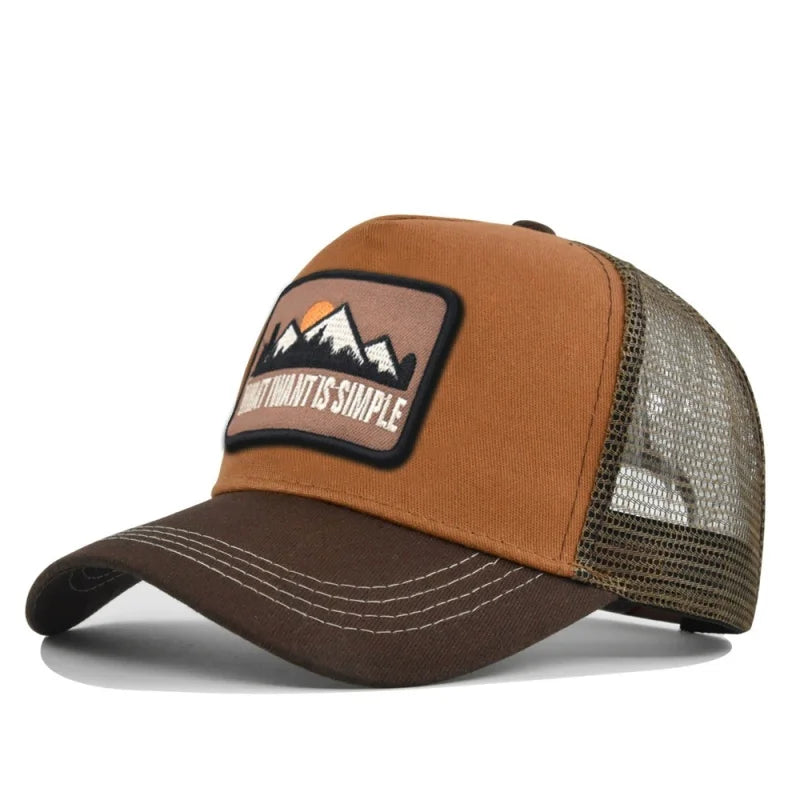 Rust brown crown with dark brown brim and olive mesh