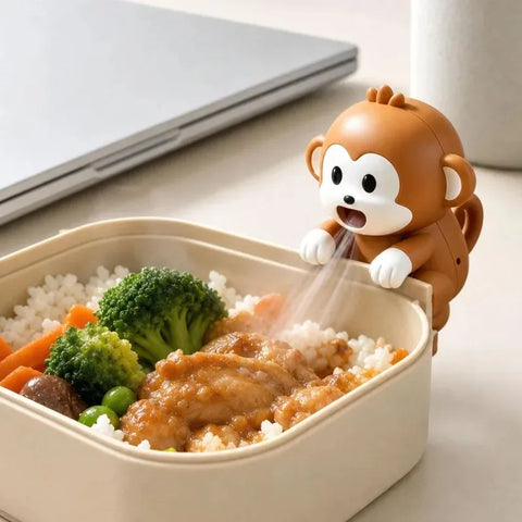 The monkey fan resting on the edge of a lunch box, blowing across rice, vegetables and meat