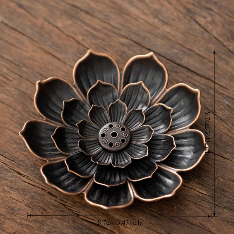 Black Lotus Plate metal stick incense holder, maker size graphic shown
