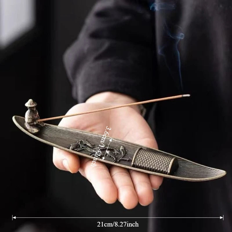 Fisherman Boat Bronze metal stick incense holder, maker size graphic shown