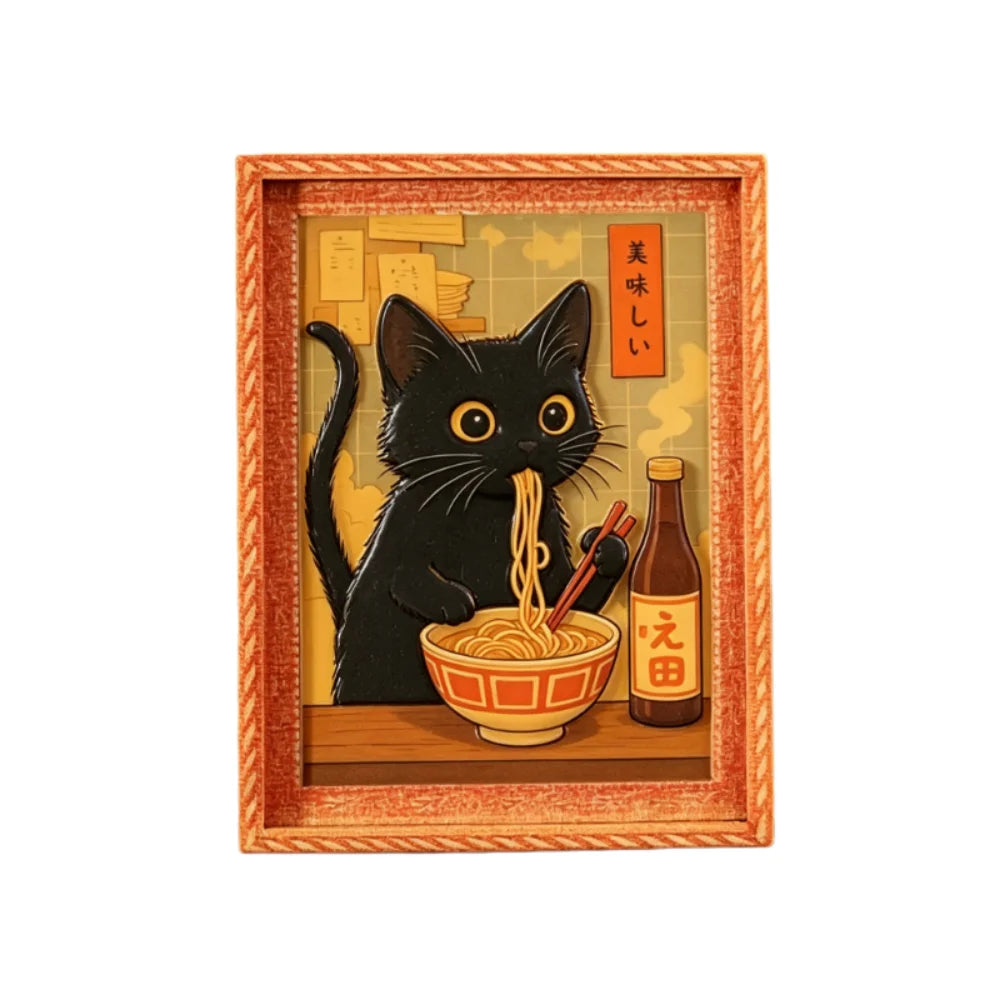 Mini framed print of a black cat eating ramen, orange rope-twist frame, on a white background