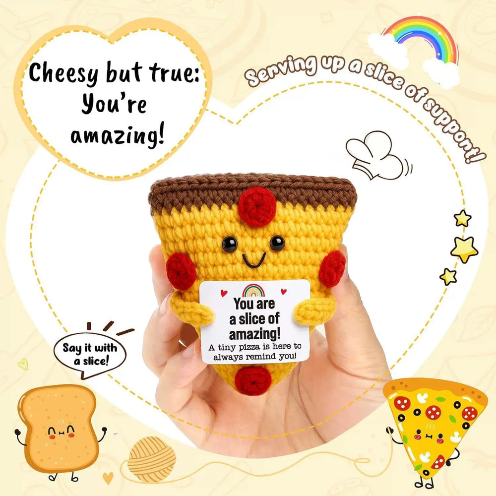 Crochet positive affirmation doll holding an encouragement card