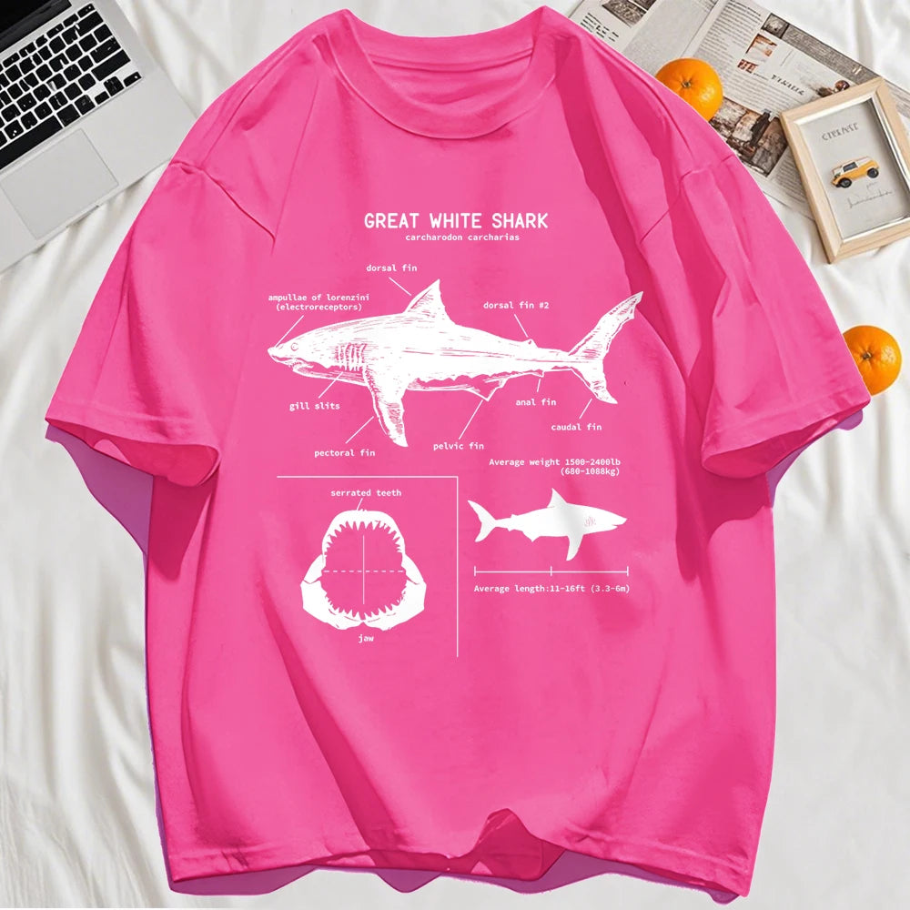 Great white shark anatomy diagram printed on a rose red t-shirt