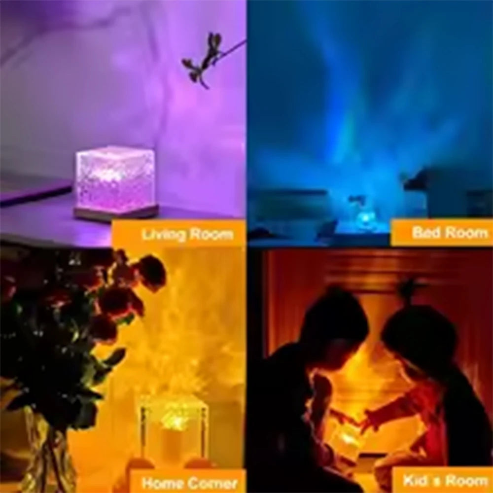 The cube lamp casting rippling coloured light across four different rooms