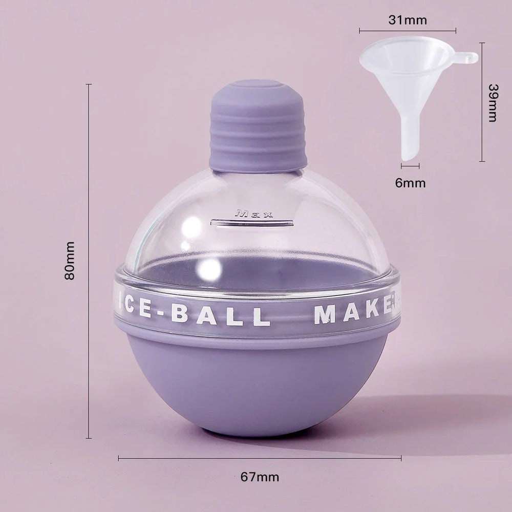 Purple ice ball mold with the maker dimension card, 80mm tall by 67mm wide, and the funnel measured 31mm across, 39mm tall, 6mm spout