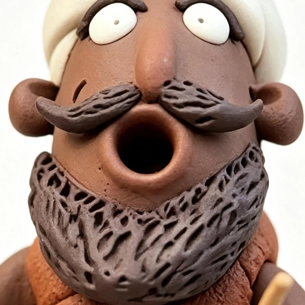 Close-up of the figure’s face and moustache, mouth open as the smoke outlet