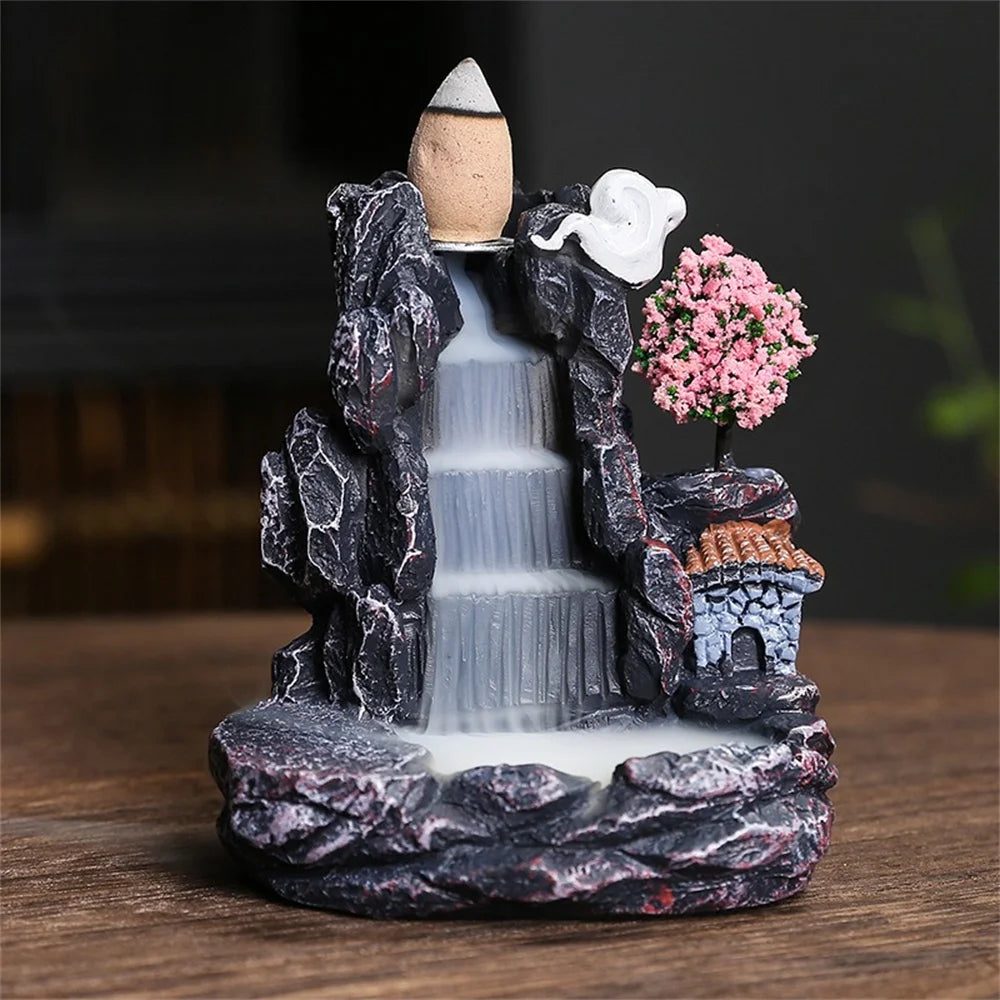 Crane & Pink Blossom: resin waterfall incense burner with a white bird and a pink blossom tree