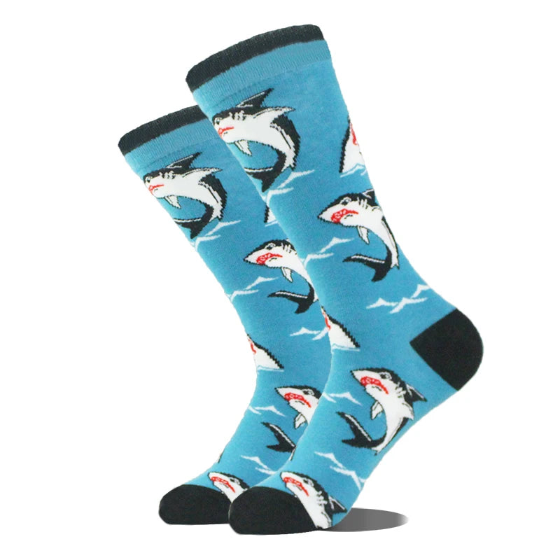 Funny novelty crew socks, sharks light blue design