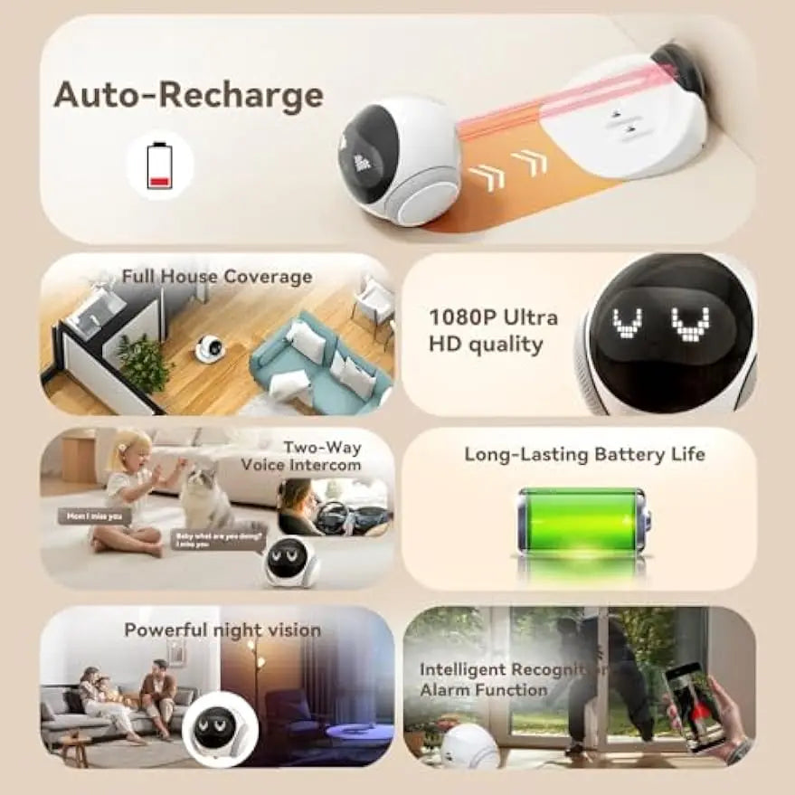 Maker feature panel listing auto-recharge, 1080P, two-way intercom, night vision and an alarm function, none of which appear on the specification sheet
