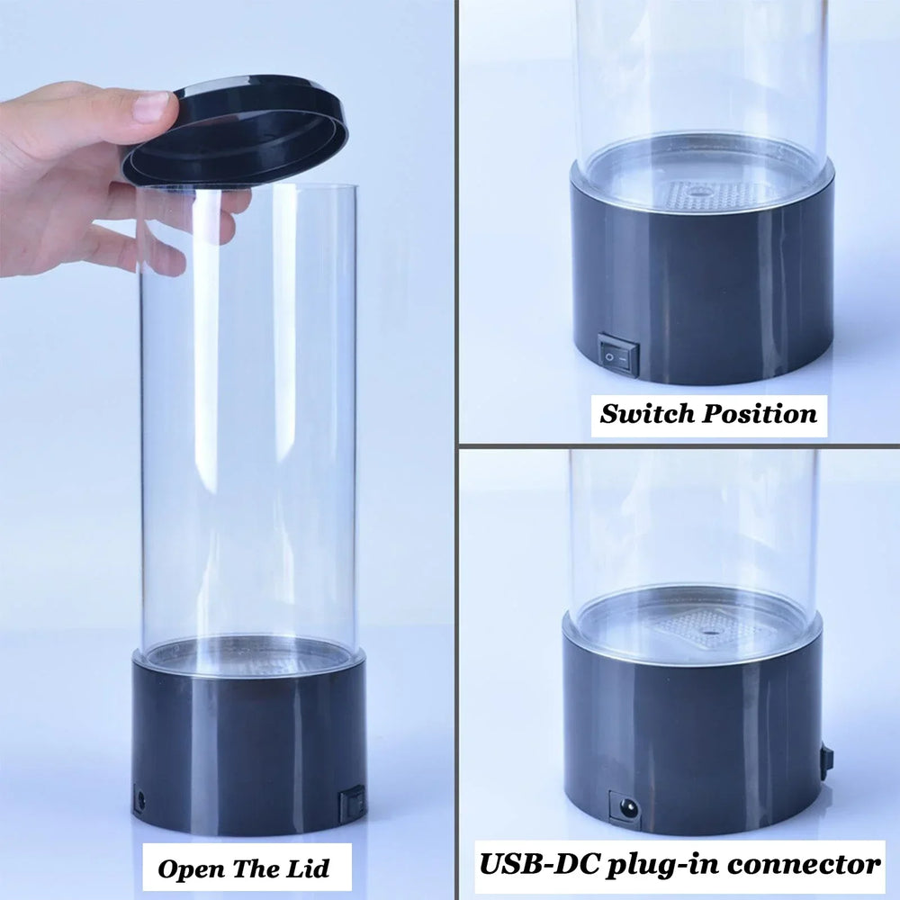 The empty tank with its lid lifted off, and close-ups of the side switch and the DC socket