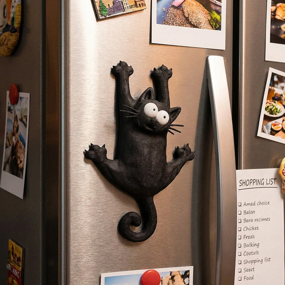 The cat magnet on a real fridge next to a shopping list