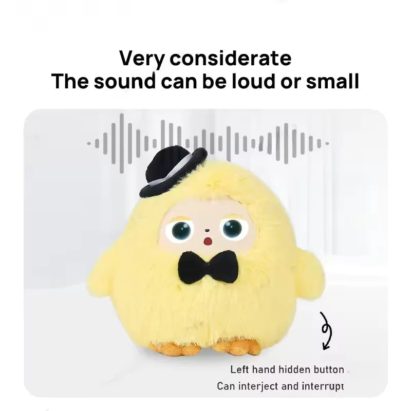 Yellow furry plush creature with a vinyl face, large round eyes, a small black top hat and a black bow tie